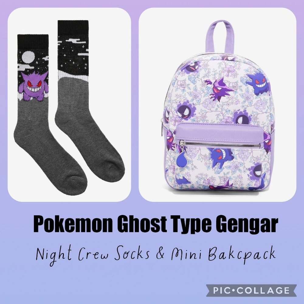 HOT TOPIC POKEMON Ghost Type Gengar Mini Backpack & Night Crew Socks
